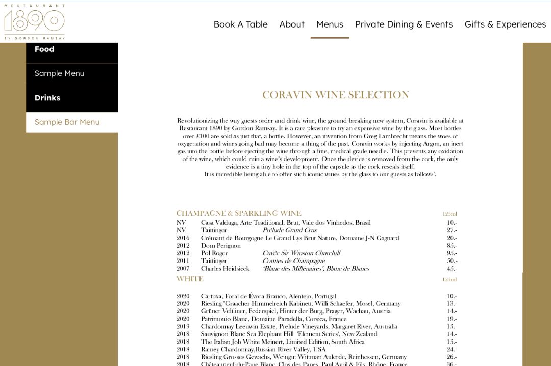 View the wine menu of “1890” by Gordon Ramsay View the wine menu of “1890” by Gordon Ramsay